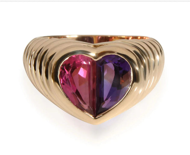 Bague 54 BULGARI - Bague en or avec cœur en tourmaline rose et améthyste Baccellato 58 Facettes