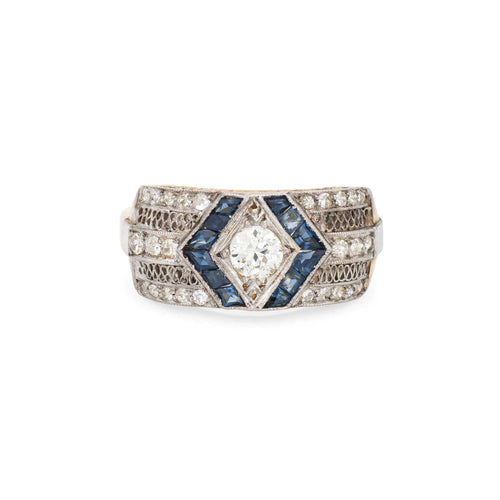 Bague 52 Bague Art déco vintage en or 18 carats avec diamants et saphirs, bande en platine, bijoux de succession 58 Facettes G11390