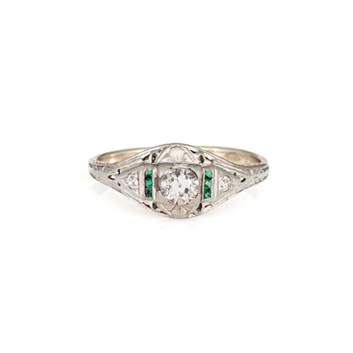 Bague 56 Bague Art déco vintage en or blanc 14 carats avec diamants et émeraude 58 Facettes G13877