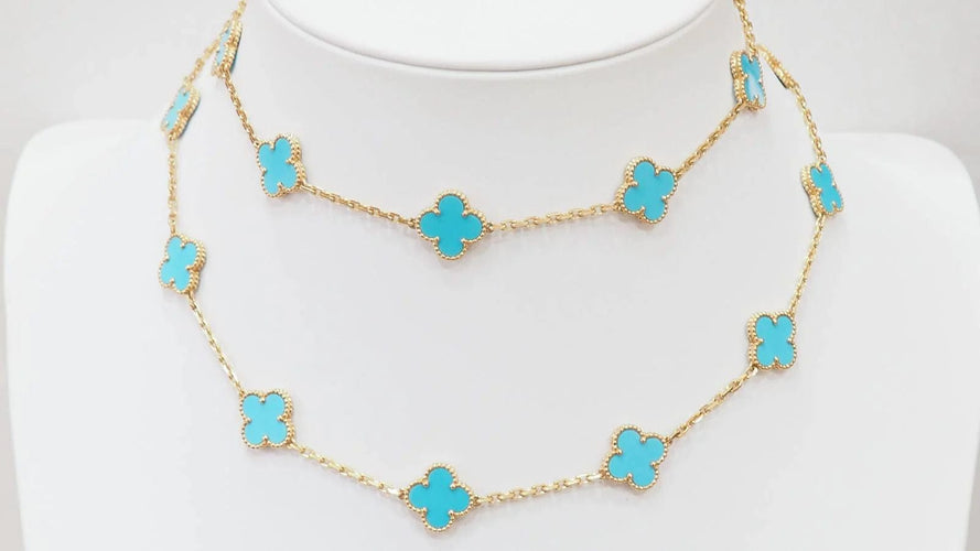 Collier VAN CLEEF & ARPELS - Sautoir Vintage Alhambra or jaune et turquoise 58 Facettes