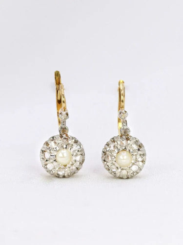 Boucles d'oreilles dormeuses anciennes perles diamants taille rose 58 Facettes J538