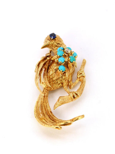 Broche Broche oiseau vintage or jaune saphir turquoise diamant 58 Facettes 1090.5