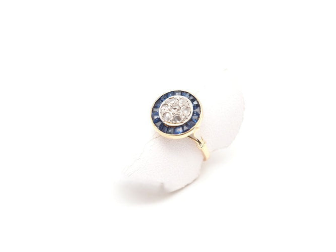 Bague 49.5 Bague ancienne année 1900 bi or 750 mil Saphir et diamants 58 Facettes