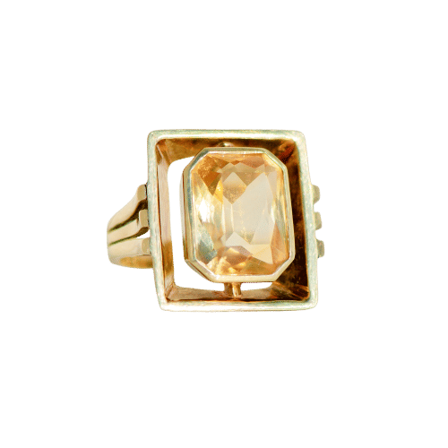 Bague vintage en or jaune avec une grande citrine – motif architectural