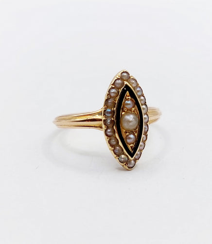 Bague 51 Bague marquise victorienne or rose 18k perles et émail noir (circa 1890) 58 Facettes A06200