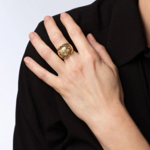 Bague Bague dôme feuille vintage, taille 8, or jaune 14 carats, bijoux fins de cocktail 58 Facettes G13751
