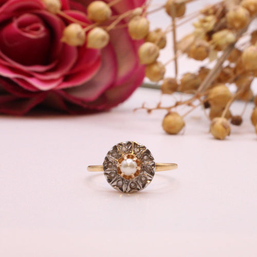 Bague Bague rosace de diamants avec perle fine début 1900 or jaune 58 Facettes 485
