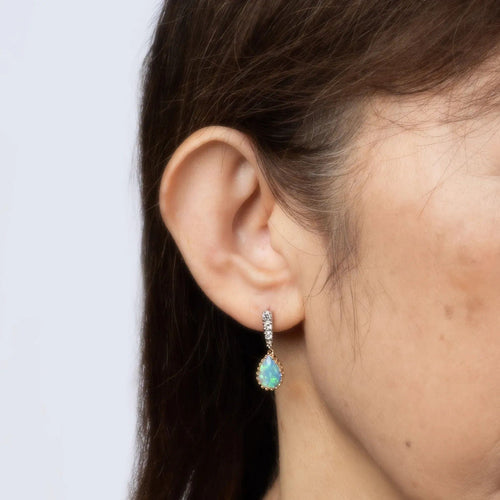 Boucles d'oreilles Boucles d'oreilles pendantes opale et diamant, petites, vintage, en or jaune 14 carats, bijoux fins 58 Facettes G13582