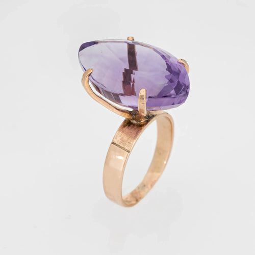 Bague Bague vintage des années 60 en améthyste 17,50 ct en or rose 18 carats, bijoux de cocktail marquise, taille 6,5 58 Facettes G13498