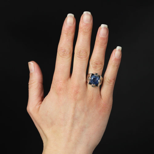 Bague 58 Chevalière Art Déco saphir de Ceylan naturel et diamants baguette 58 Facettes 24-041