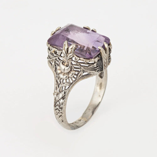 Bague Bague Art Déco Vintage Améthyste Filigrane Or Blanc 18 carats Taille 5.5 Bijoux Fins 58 Facettes G6838