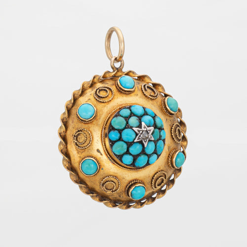 Médaillon victorien ancien en turquoise, pendentif en or jaune 14 carats et diamants, avec écrin.