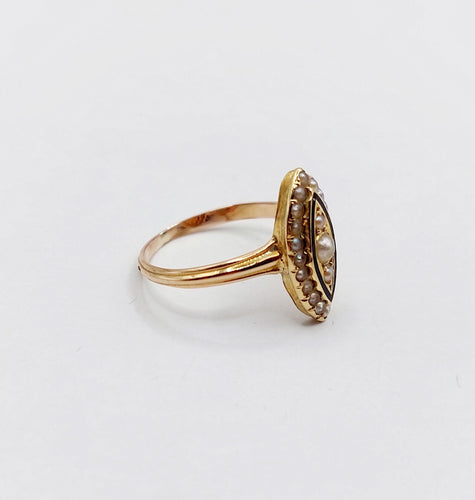 Bague 51 Bague marquise victorienne or rose 18k perles et émail noir (circa 1890) 58 Facettes A06200