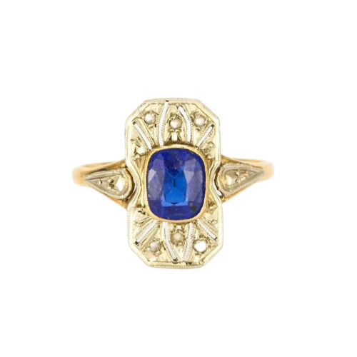 Bague 54 Bague style Art Déco or jaune et or blanc, saphir synthétique et diamants 58 Facettes GU213