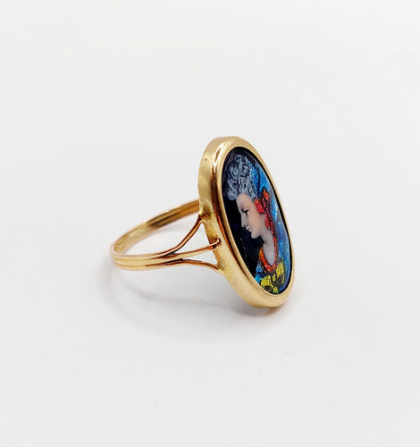 Bague 55 Bague Art nouveau Limoges plaque émaillée profil féminin en or 18k 58 Facettes A06418