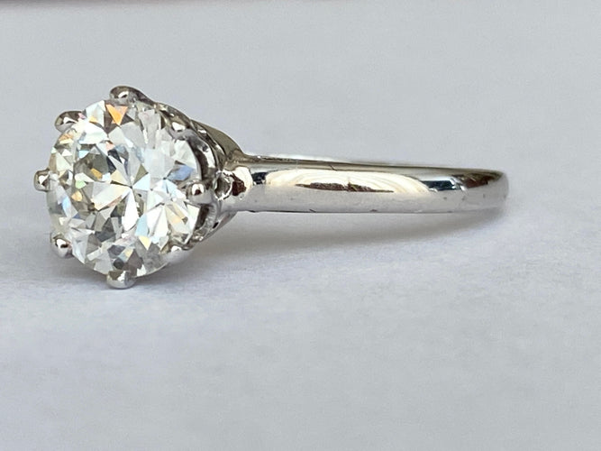 Bague 53.5 Solitaire en or, style Art déco tardif, serti d'un diamant taille brillant ancien de 1,14 carat. 58 Facettes