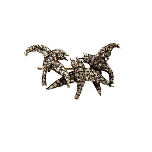Broche Broche Hirondelles fin XIXe en or jaune et argent, diamants 58 Facettes FOU09783