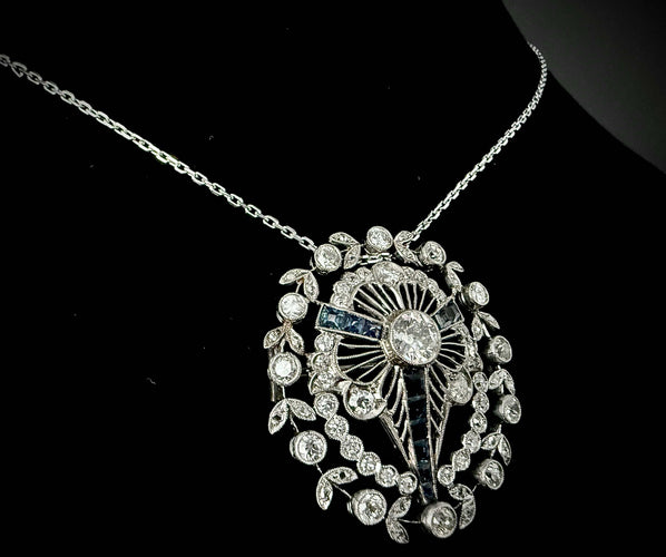 Pendentif Broche/Pendentif Art Déco en platine serti de 2,80 carats de diamants et saphirs 58 Facettes