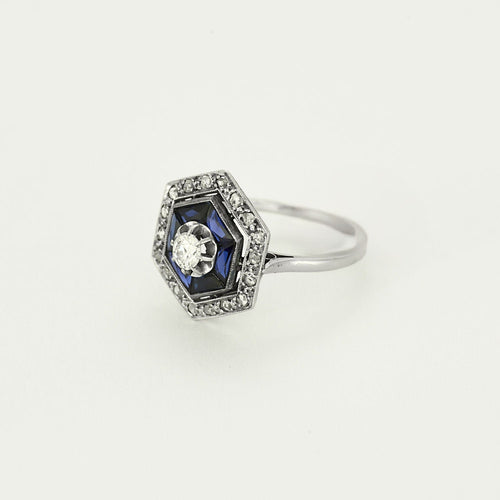 Bague 54,5 Bague Art déco en platine et or blanc, diamants et saphirs 58 Facettes 250356