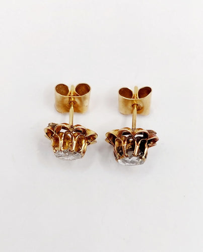 Puces d'oreilles antique or rose 18k fleurs et diamants taille roses (circa 1880 58 Facettes A06248