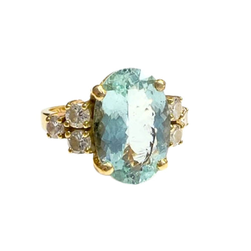 Bague 55 Bague style rétro des années 1940-1945 en or avec diamants et aigue-marine 58 Facettes Q67B