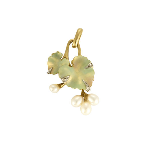 Pendentif Pendentif en or jaune et platine à motif de feuilles, roses diamantés et perles de cultures blanches 58 Facettes LEN1651