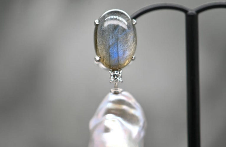 Boucles d'oreilles Boucles d'oreilles pendantes Labradorite, Perles de culture, Diamants 58 Facettes