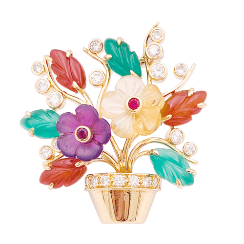 Clip "Fleurs" or jaune, diamants, rubis, pierres de couleur.