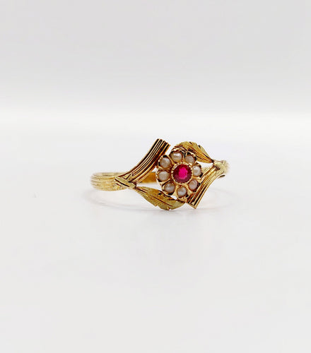 Bague 60 Bague fleur Art nouveau en or 18k, pierre rouge et perles (circa 1900) 58 Facettes A06426