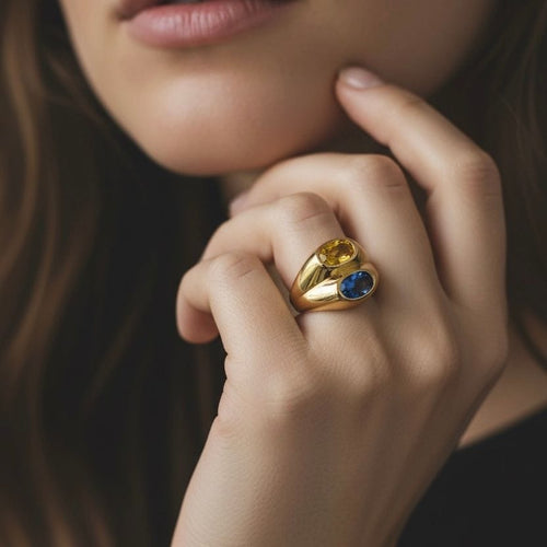 Bague 52 Bague Double Jonc, Or 18 Carats, Saphirs Jaune et Bleu Naturels - Vintage 58 Facettes 381
