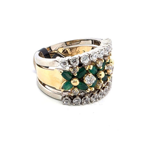 Anello fascia anni 70' oro giallo con smeraldi e diamanti 58 Facettes