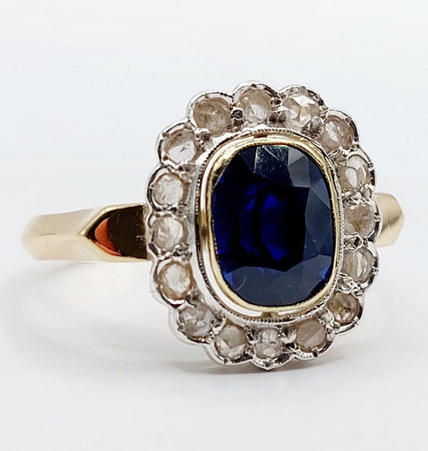 Bague 60 Bague pompadour Art Déco or et platine, saphir synthétique de 3,00 carats, diamants taille rose (circa 1920) 58 Facettes A04827