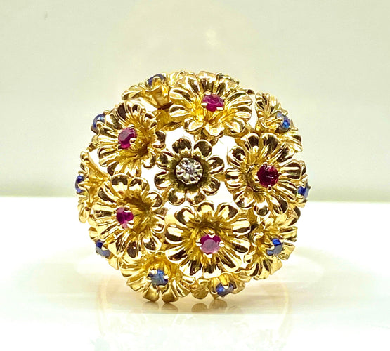 Bague 53 Bague - Bague multifleurs en or jaune et saphirs, rubis, diamants 58 Facettes AB671