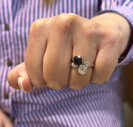 Bague 51 Bague ancienne Toi et Moi saphir de Siam et diamants 58 Facettes