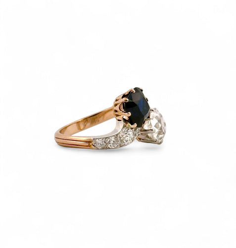 Bague 51 Bague ancienne Toi et Moi saphir de Siam et diamants 58 Facettes