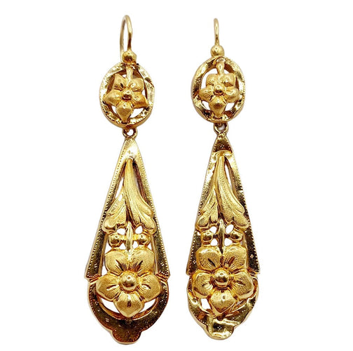 Boucles d'oreilles Dormeuses antique XXL or jaune fleurs finement ciselés (circa 1900) 58 Facettes A05468