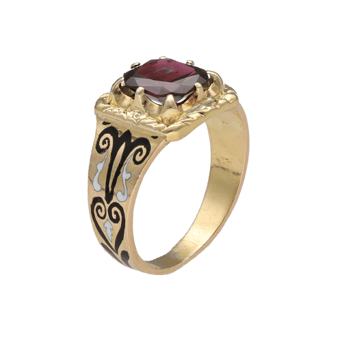 Bague Bague chevalière Napoléon III en or jaune 18K avec émail et grenat – Taille 54 58 Facettes