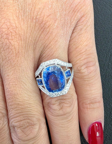 Bague Superbe bague en or blanc massif 18 carats avec saphir naturel et diamants 58 Facettes