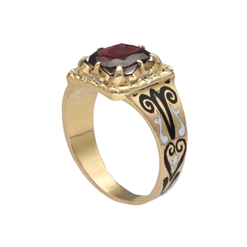 Bague Bague chevalière Napoléon III en or jaune 18K avec émail et grenat – Taille 54 58 Facettes
