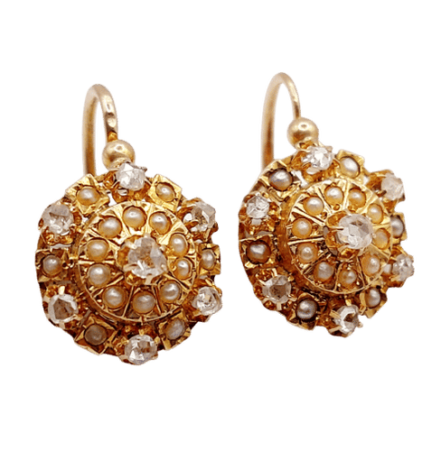 Boucles d'oreilles Dormeuses marguerite antique or rose 18k diamants et perles (circa 1900) 58 Facettes A06102