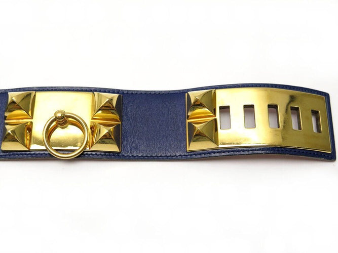 Collier ceinture HERMES medor collier de chien 70 cuir box bleu et metal dore 58 Facettes 266424