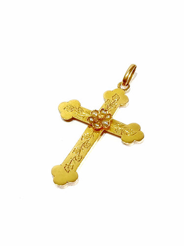 Pendentif Croix or rose et perles 58 Facettes