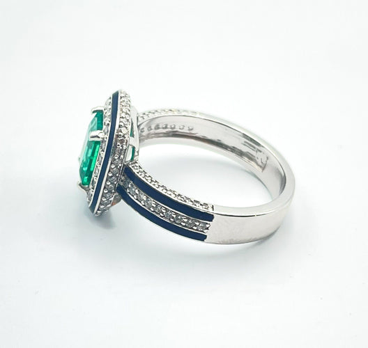 Bague 53 Bague Art déco émeraude 1,30 ct et diamants en or blanc 18 carats 58 Facettes