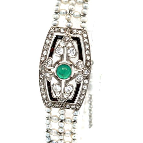 Bracelet BRACELET ART DECO EMERAUDE PERLES DIAMANTS ONYX 58 Facettes Réf 1_0000019/1