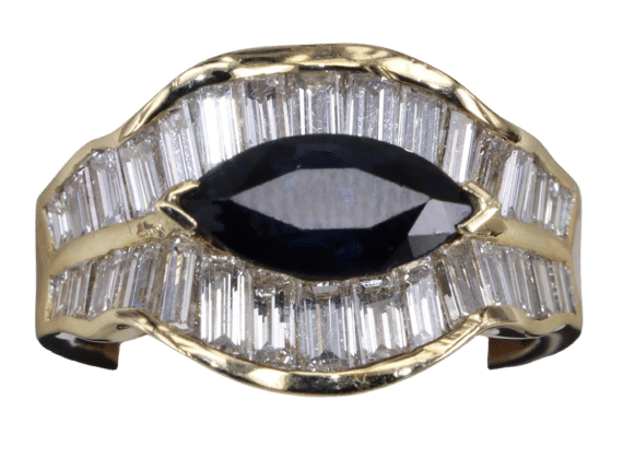 Bague Bague saphir Marquise et diamants baguette en or jaune 58 Facettes BA-1162