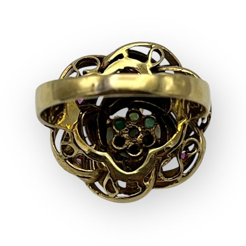 Bague chou émeraudes et rubis
