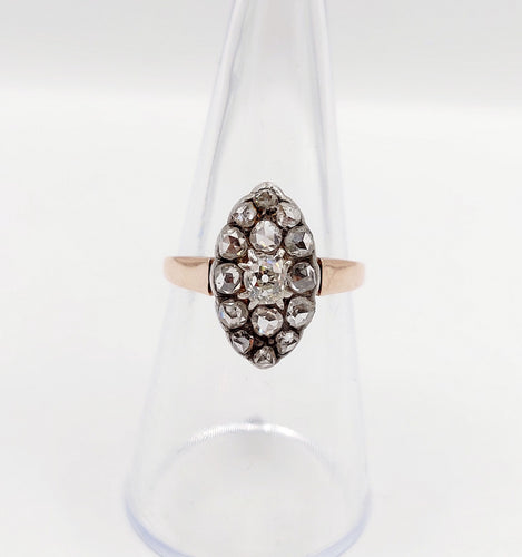 Bague 54 Bague marquise antique en or rose 18k et argent, diamant et diamants roses 58 Facettes A06417