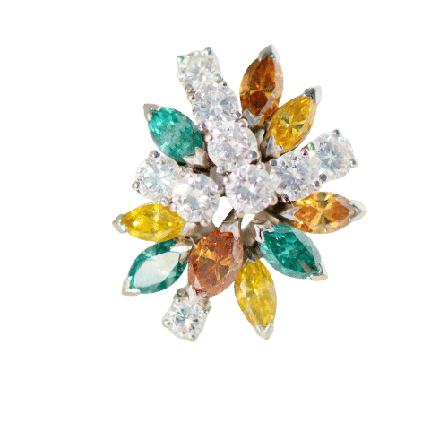 Bague vintage en or blanc sertie de diamants blancs et colorés