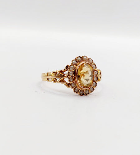 Bague 56 Bague marguerite antique citrine et perles en or rose 18k (circa 1900) 58 Facettes A01952