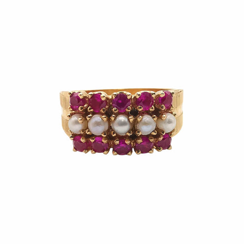 Bague or jaune, perles et rubis
